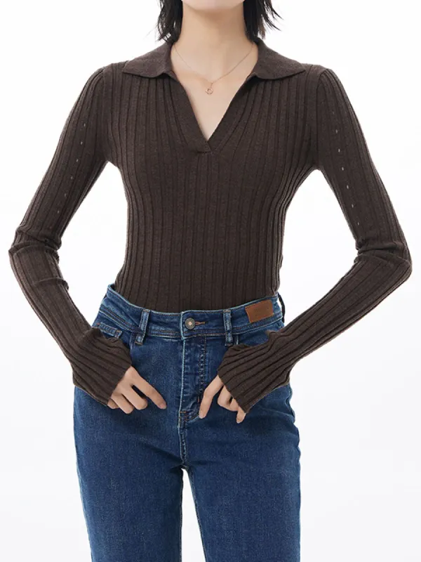 Open Collar Eyelet Knit Top sold by COMMENSE
