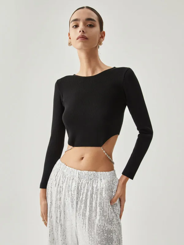 Open Back Chain Decor Long Sleeve Crop Top sold by COMMENSE