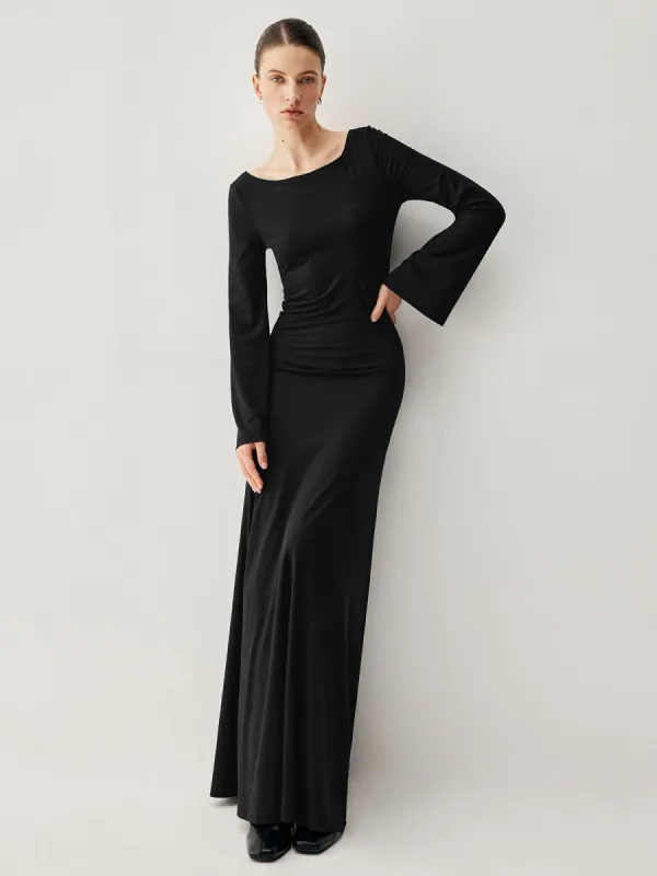 Flare Long Sleeve Crew Neck Knit Long Dress sold by COMMENSE