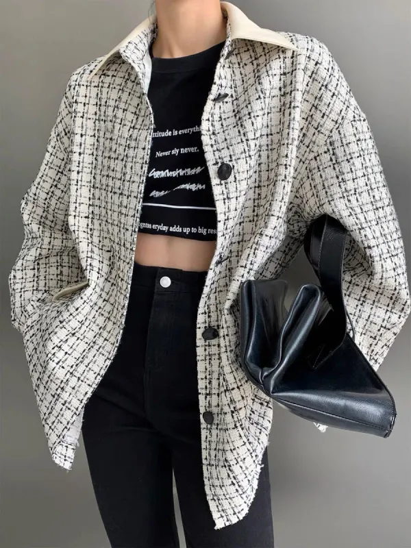 Patchwork Collar Tweed Button Down Shirt sold by COMMENSE