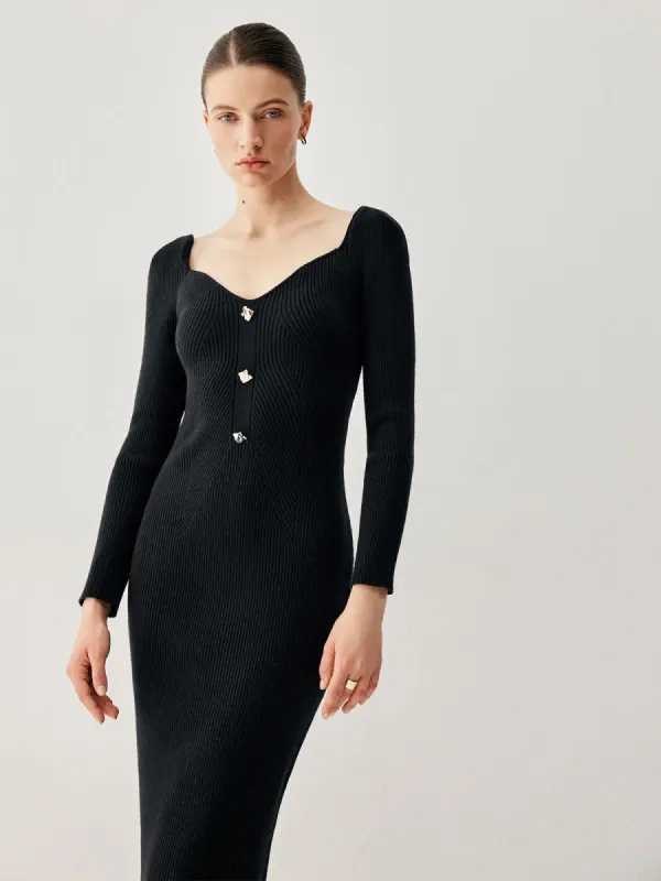 Sweetheart Ribbed Knit Long Sleeve Sweater Midi Dress sold by COMMENSE