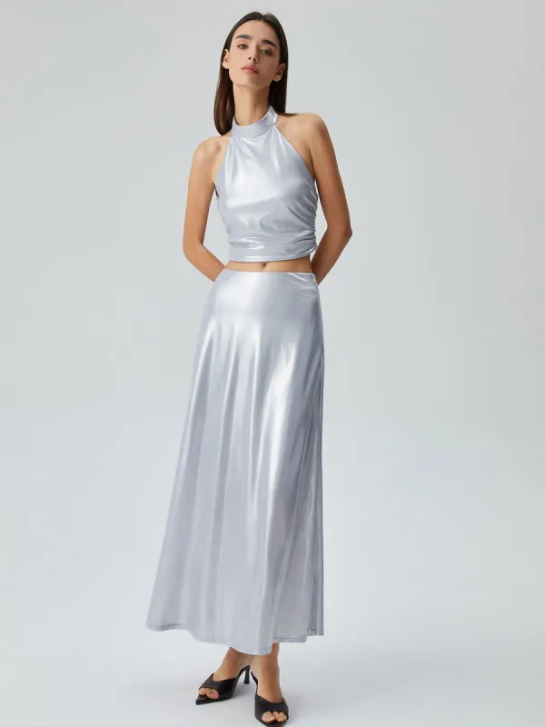 Halter Crop Top Pleated Two Piece Skirt Set sold by COMMENSE