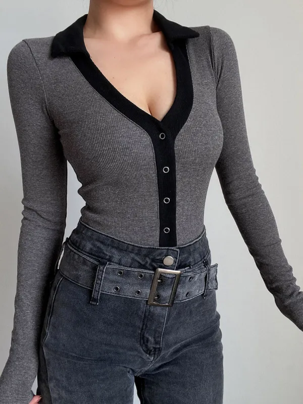 Button Up Polo Collared Bodysuit sold by COMMENSE