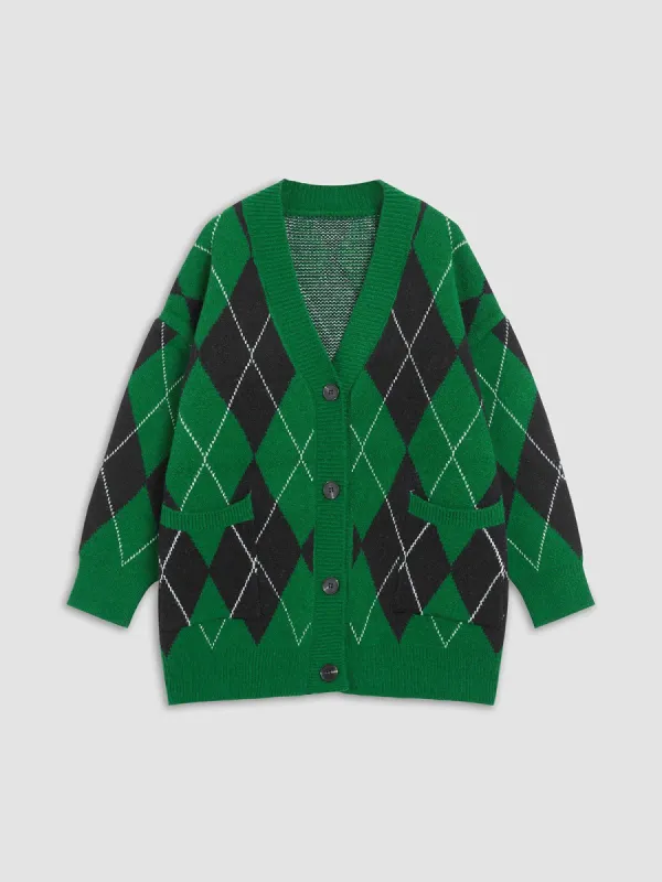 Argyle Pattern Oversized Cardigan sold by COMMENSE
