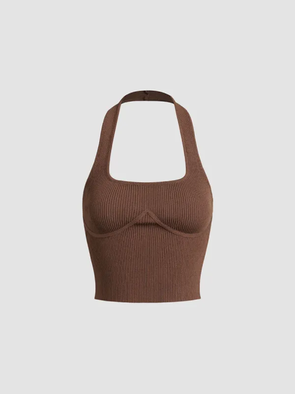 Contour Piping Halter Open Back Crop Tank Top sold by COMMENSE
