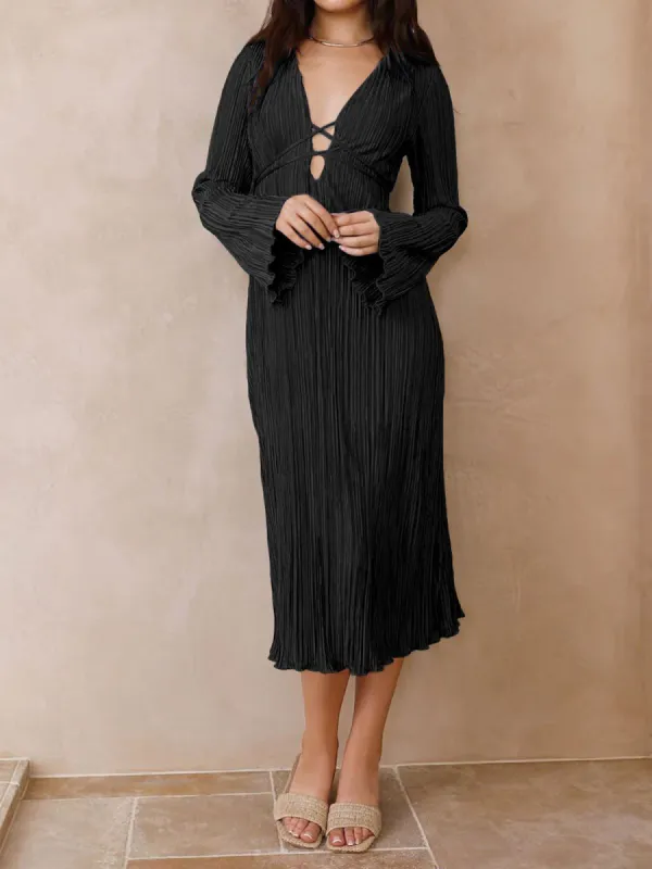 Pleated V-neck Tie-back Midi Dress sold by COMMENSE