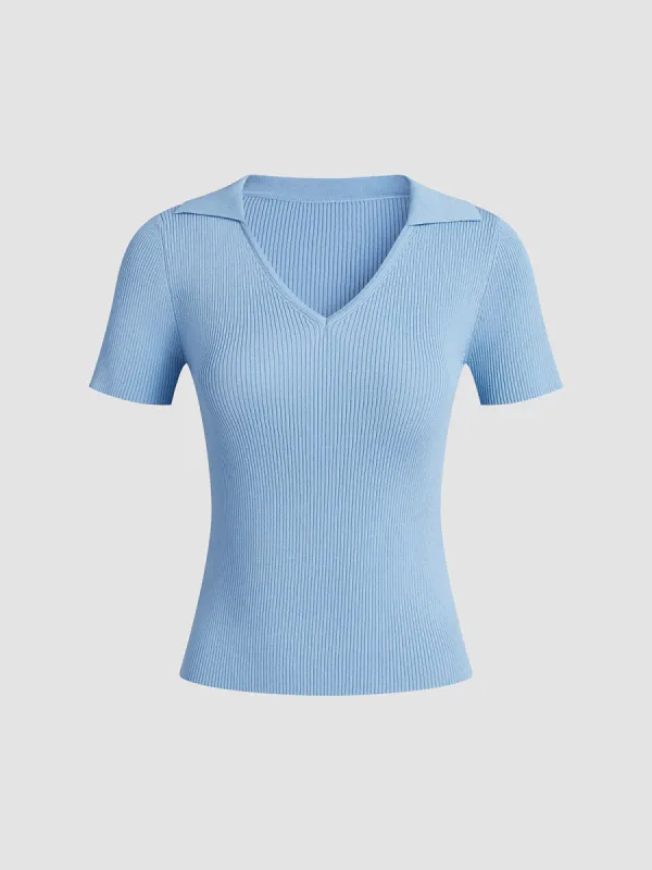 Sky Blue Collared Ribbed Shirt sold by COMMENSE