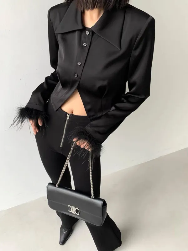 Satin Fuzzy Trim Crop Curved Shirt sold by COMMENSE