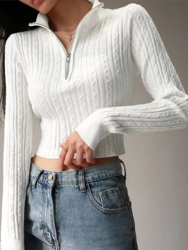 Zip Up Stand Collar Knit Top sold by COMMENSE