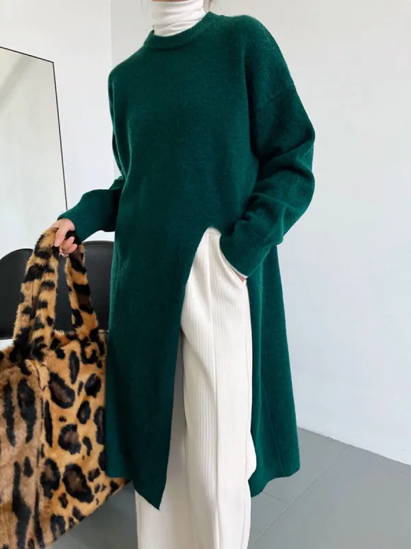 Emerald Green Slit Long Sweater sold by COMMENSE