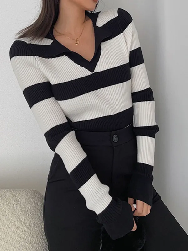 Stripe V-Neck Collared Knit Top sold by COMMENSE