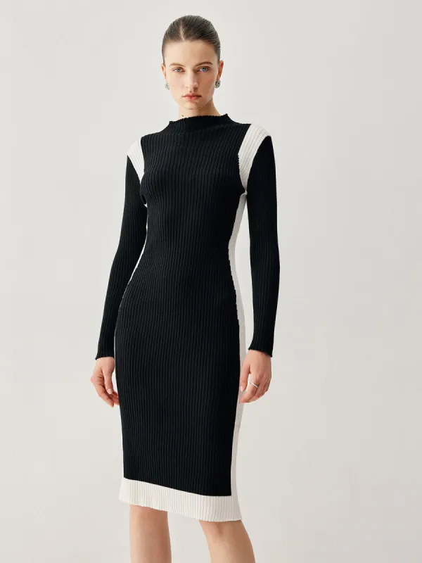 Ribbed Knit Contrast Trim Sweater Midi Dress sold by COMMENSE