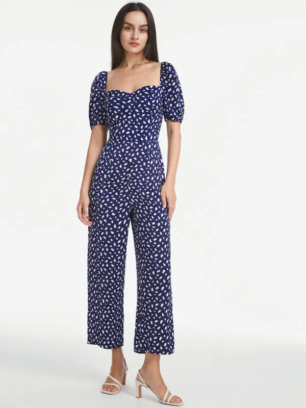 Petals Print Puff Sleeve Open Back Jumpsuit sold by COMMENSE
