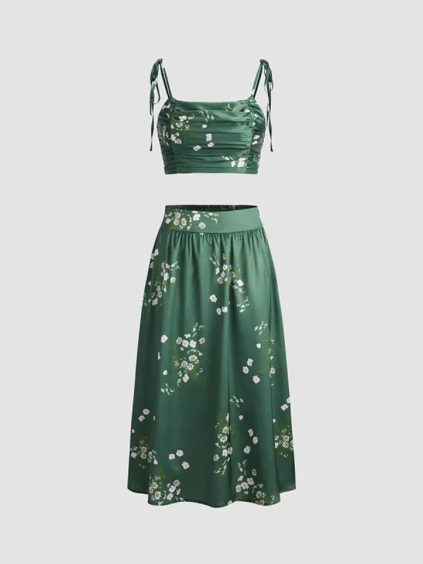 Emerald Green Floral Satin Two Piece Matching Set sold by COMMENSE