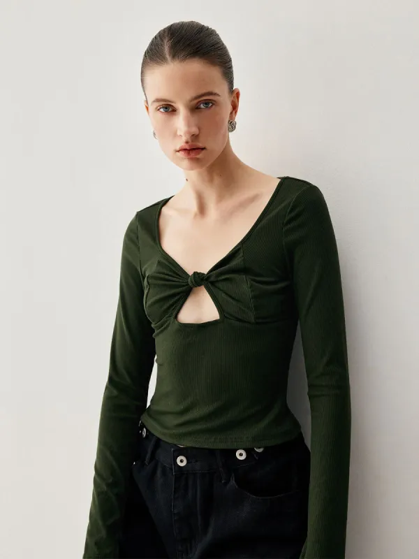 Ribbed Knit Cut-out V-neck Long Sleeve Shirt sold by COMMENSE