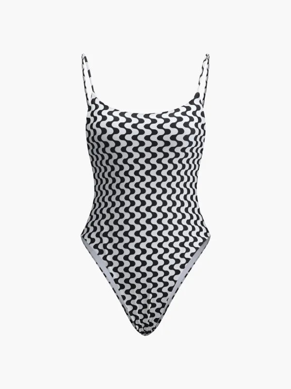 Wave Print Backless One Piece Swimsuit sold by COMMENSE
