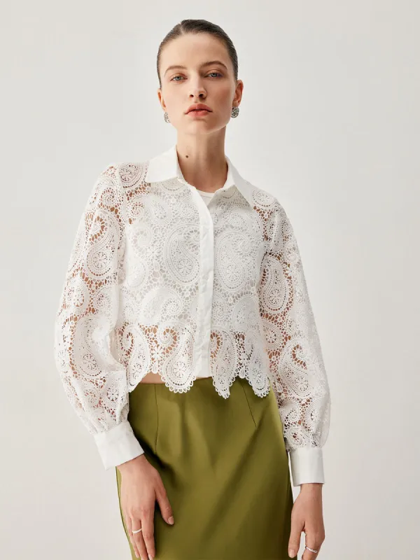 Lace Perforated Floral Collared Long Sleeve Crop Shirt sold by COMMENSE