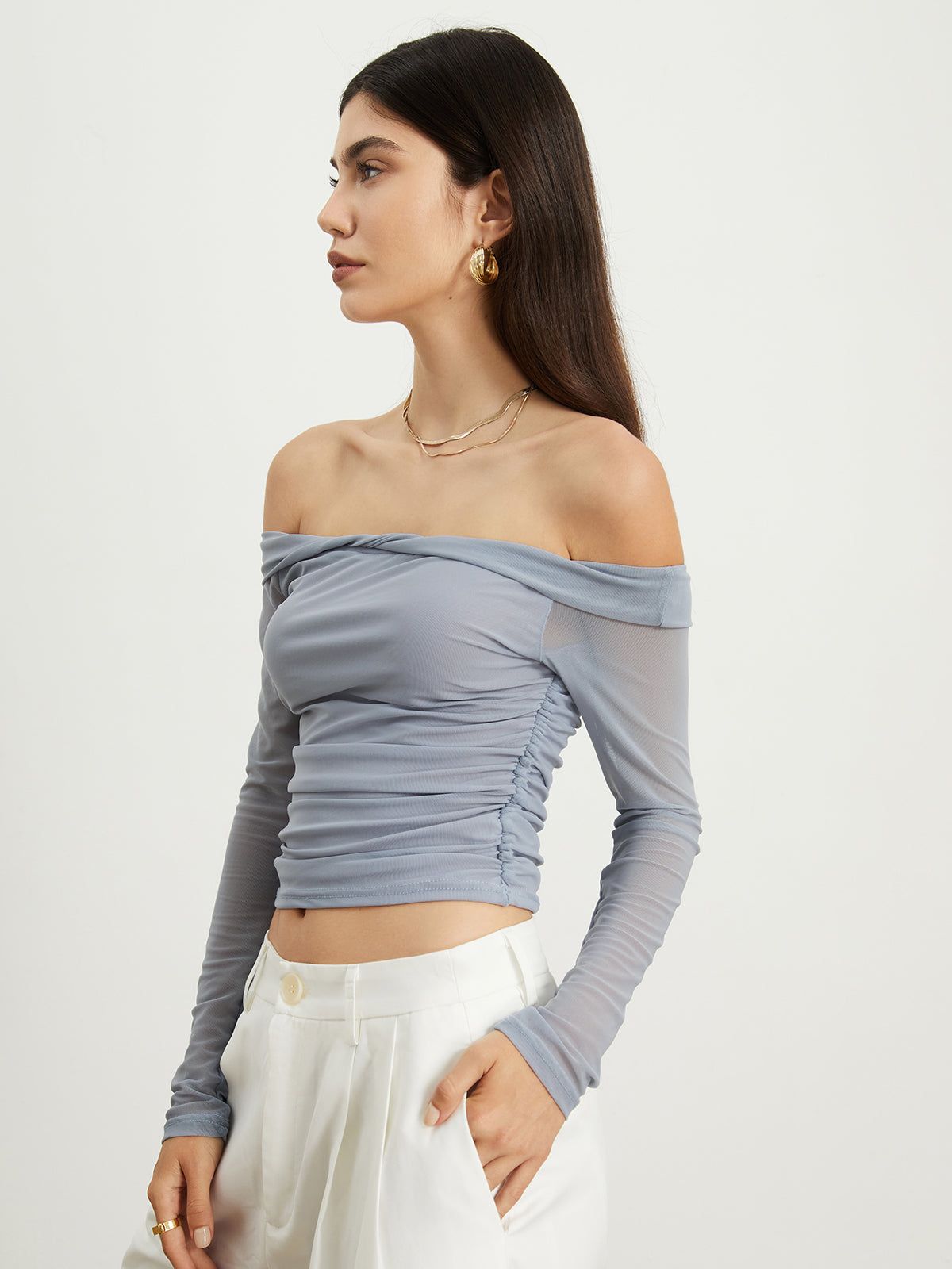 Off-Shoulder Mesh Ruched Crop Top sold by COMMENSE product image thumbnail 5