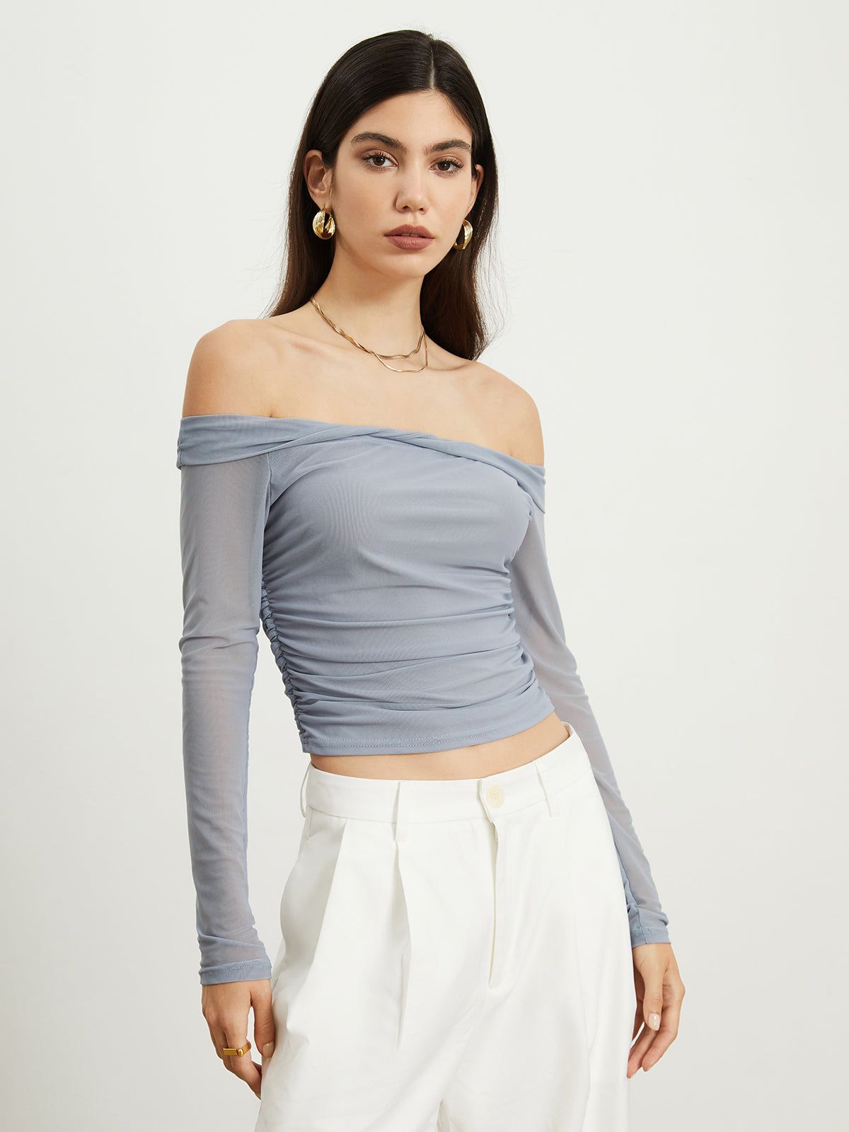 Off-Shoulder Mesh Ruched Crop Top sold by COMMENSE product image thumbnail 2