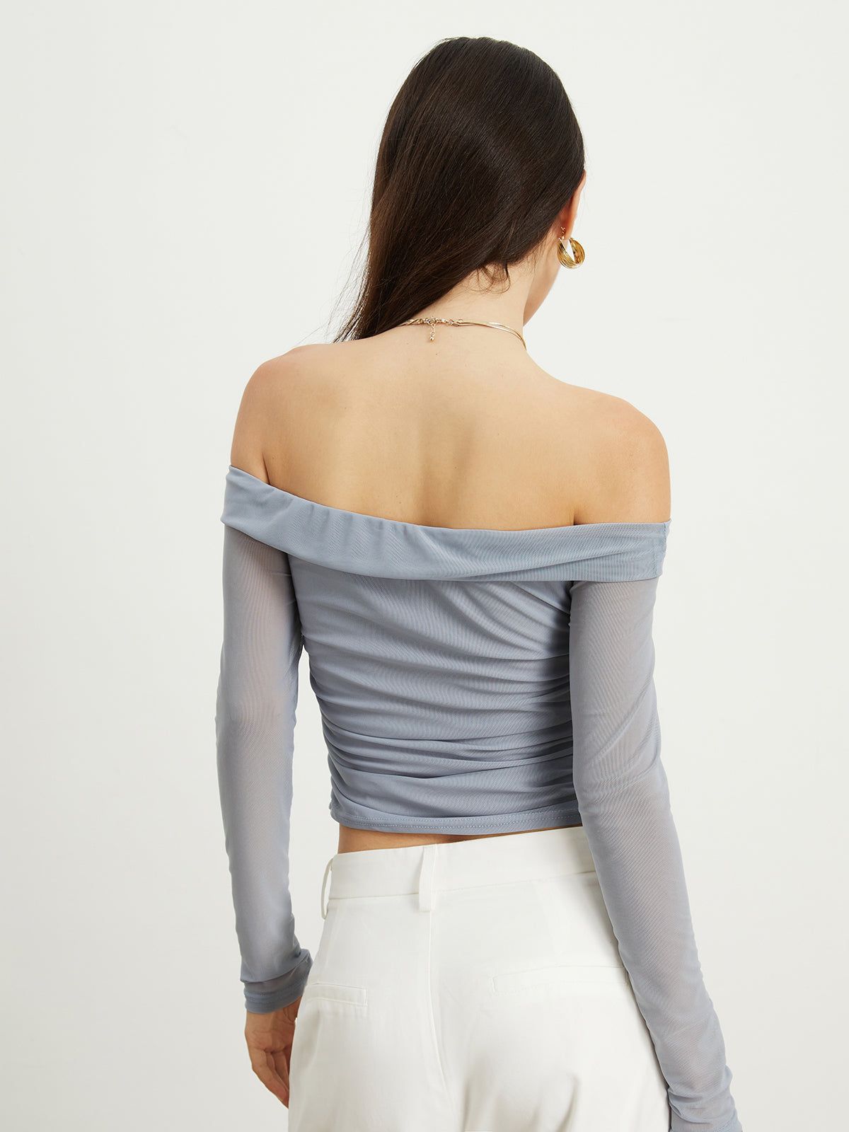 Off-Shoulder Mesh Ruched Crop Top sold by COMMENSE product image thumbnail 3