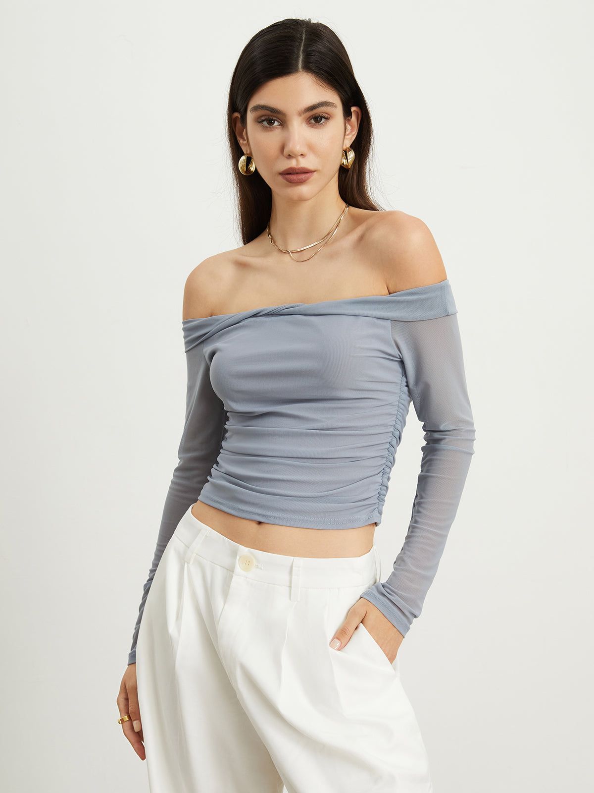 Off-Shoulder Mesh Ruched Crop Top sold by COMMENSE product image thumbnail 4