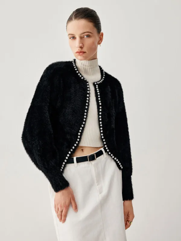 Contrast Trim Fuzzy Pearl Cardigan sold by COMMENSE