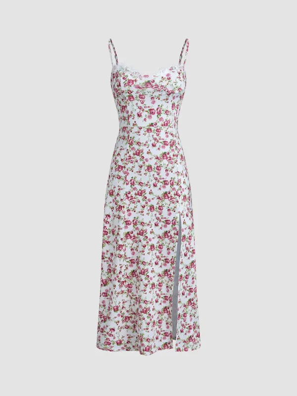 Rose Fantasy Lace Trim Slit Strap Midi Dress sold by COMMENSE