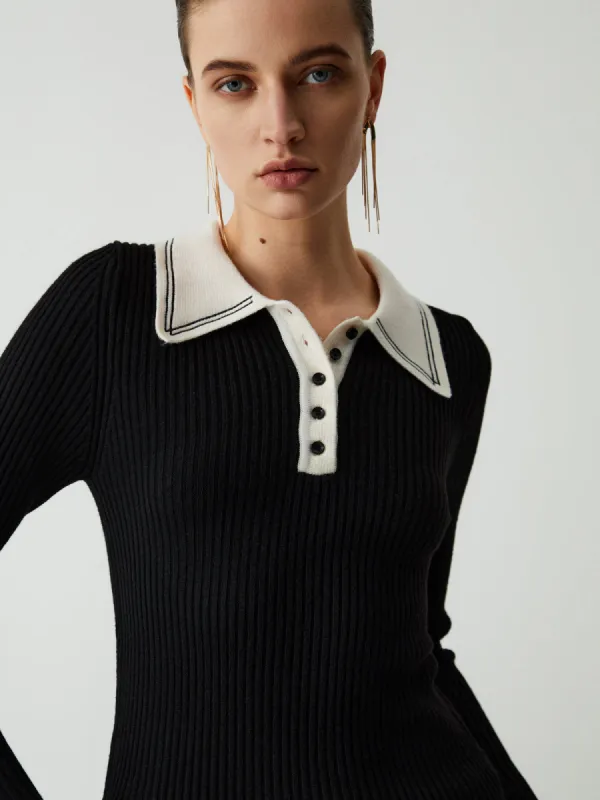 Contrast Collar Quarter Button Long Sleeve Knit Top sold by COMMENSE