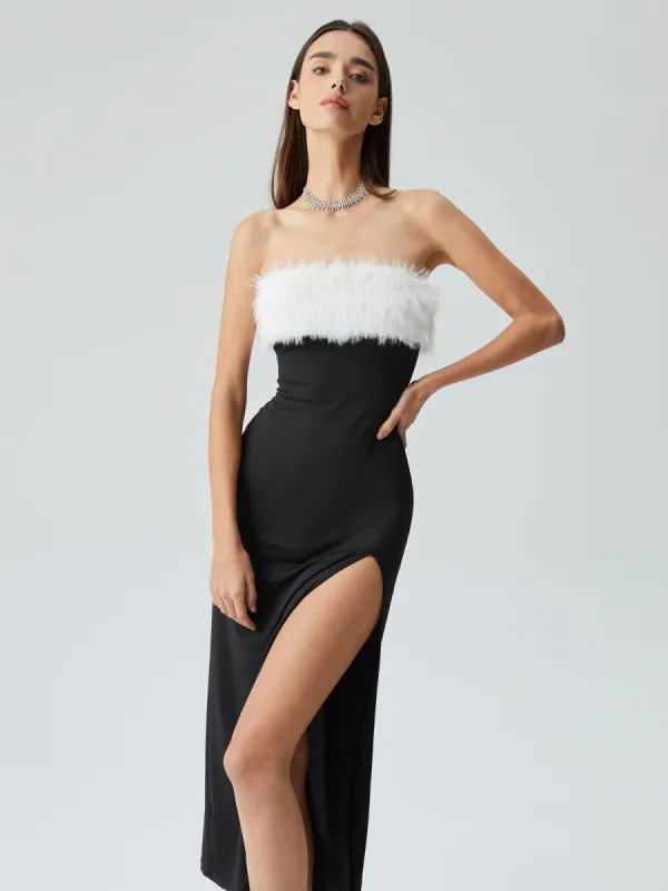 Fuzzy Off Shoulder Contrast Color Slit Midi Dress made by COMMENSE