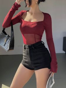Semi-sheer Mesh Patchwork Long Sleeve Shirt sold by COMMENSE