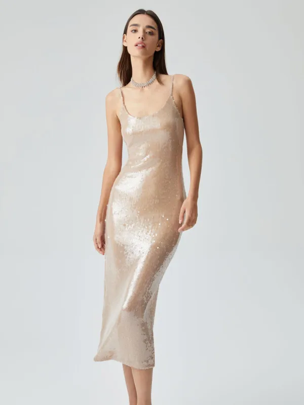 Sequined Open Back Low Cut Bodycon Mesh Midi Dress sold by COMMENSE