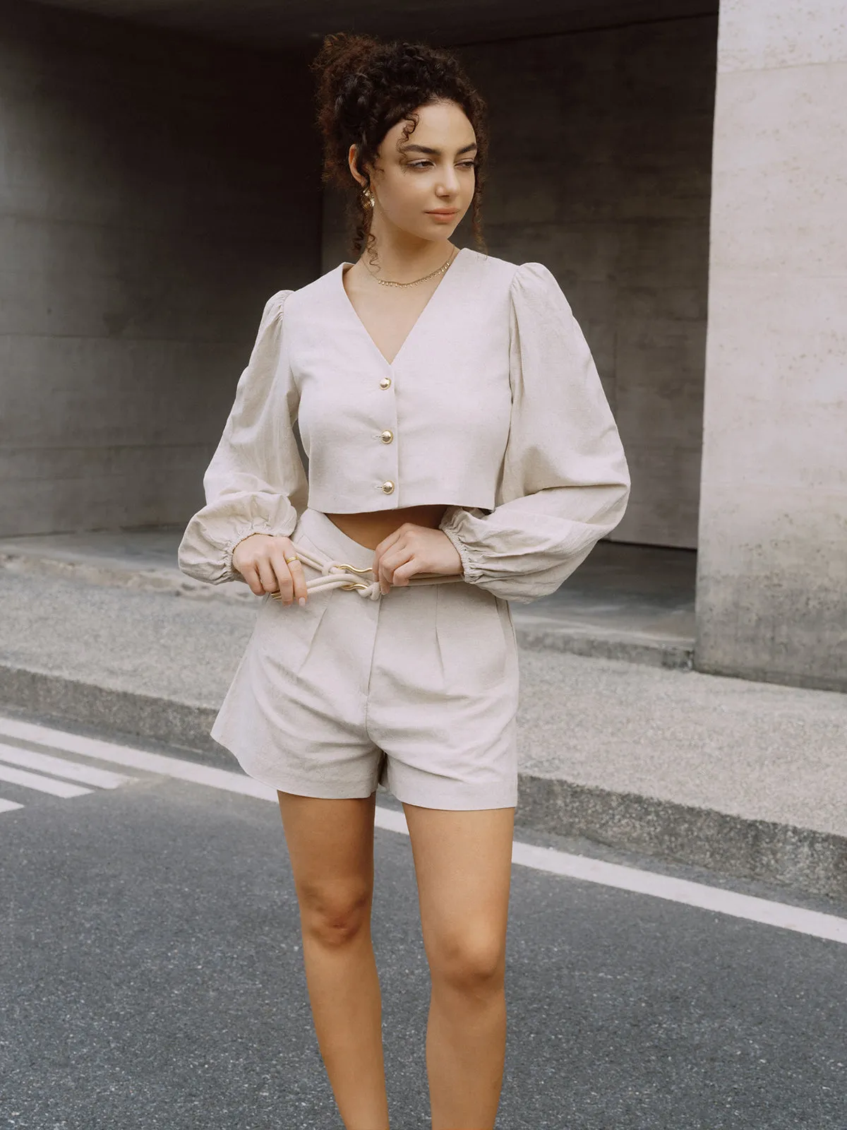 Cotton & Linen Belted Shorts Set sold by COMMENSE product image thumbnail 4