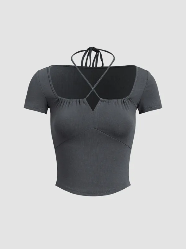 Solid Drawstring Crop Shirt sold by COMMENSE