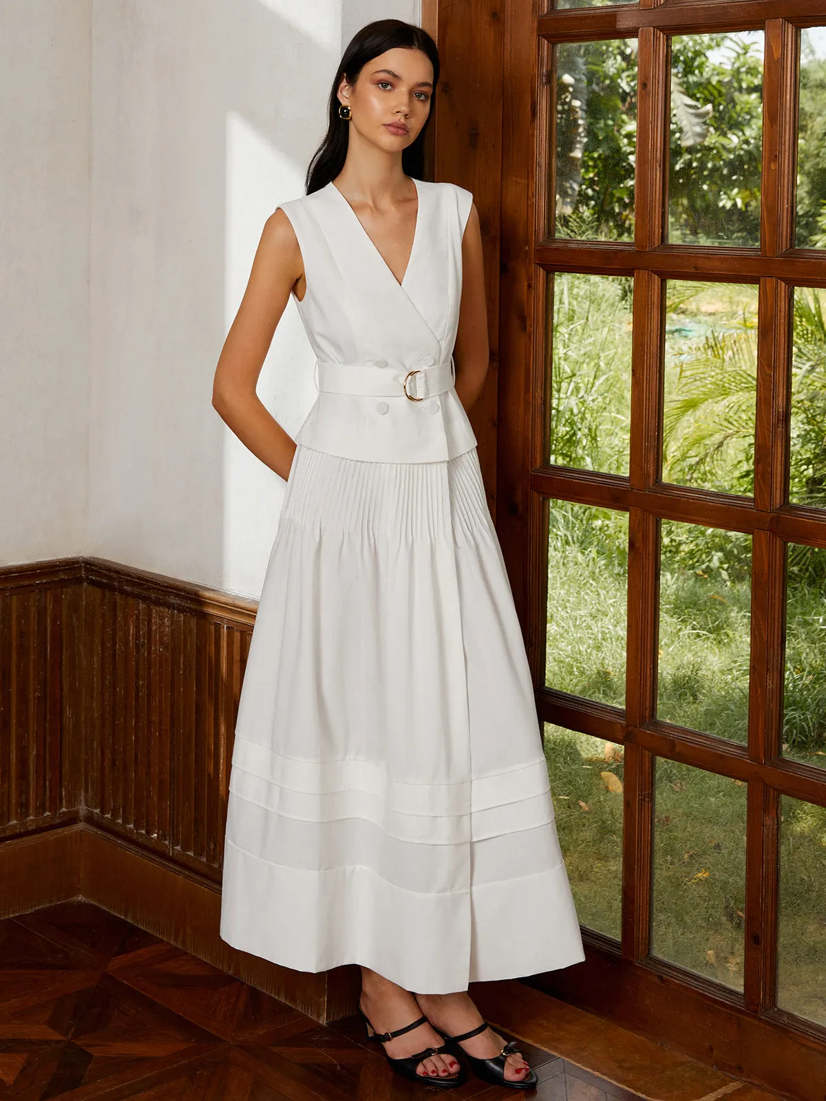 Cotton & Linen Belted Pleated Long Dress sold by COMMENSE product image thumbnail 3