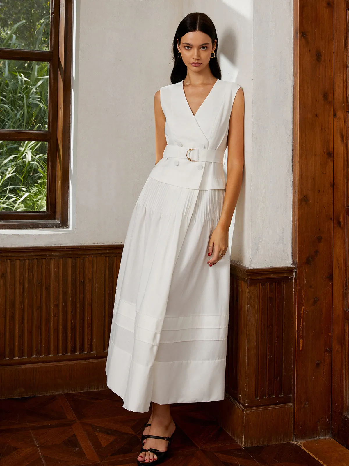 Cotton & Linen Belted Pleated Long Dress sold by COMMENSE