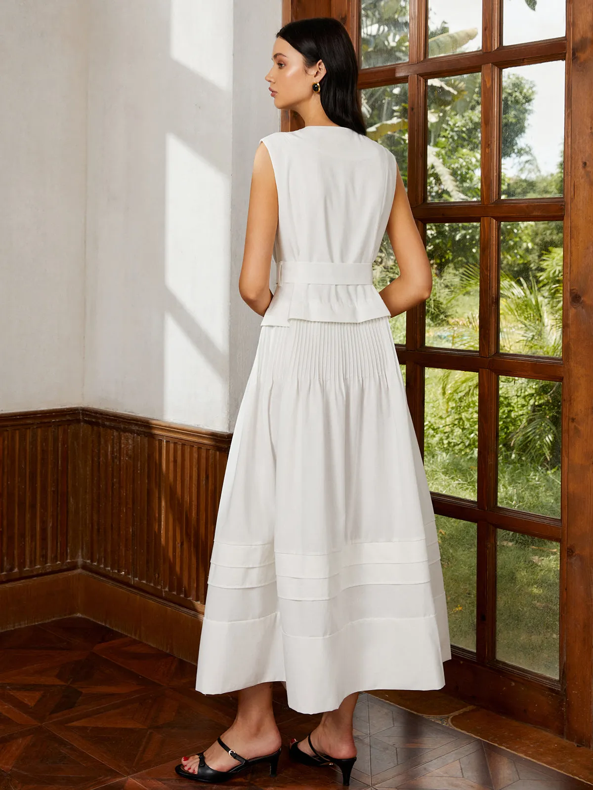 Cotton & Linen Belted Pleated Long Dress sold by COMMENSE product image thumbnail 5