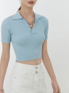 Crop Collared Polo Knit Top sold by COMMENSE