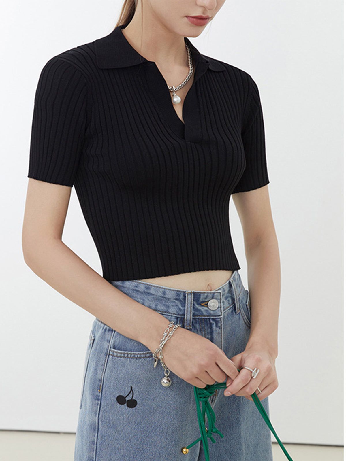 Crop Collared Polo Knit Top sold by COMMENSE