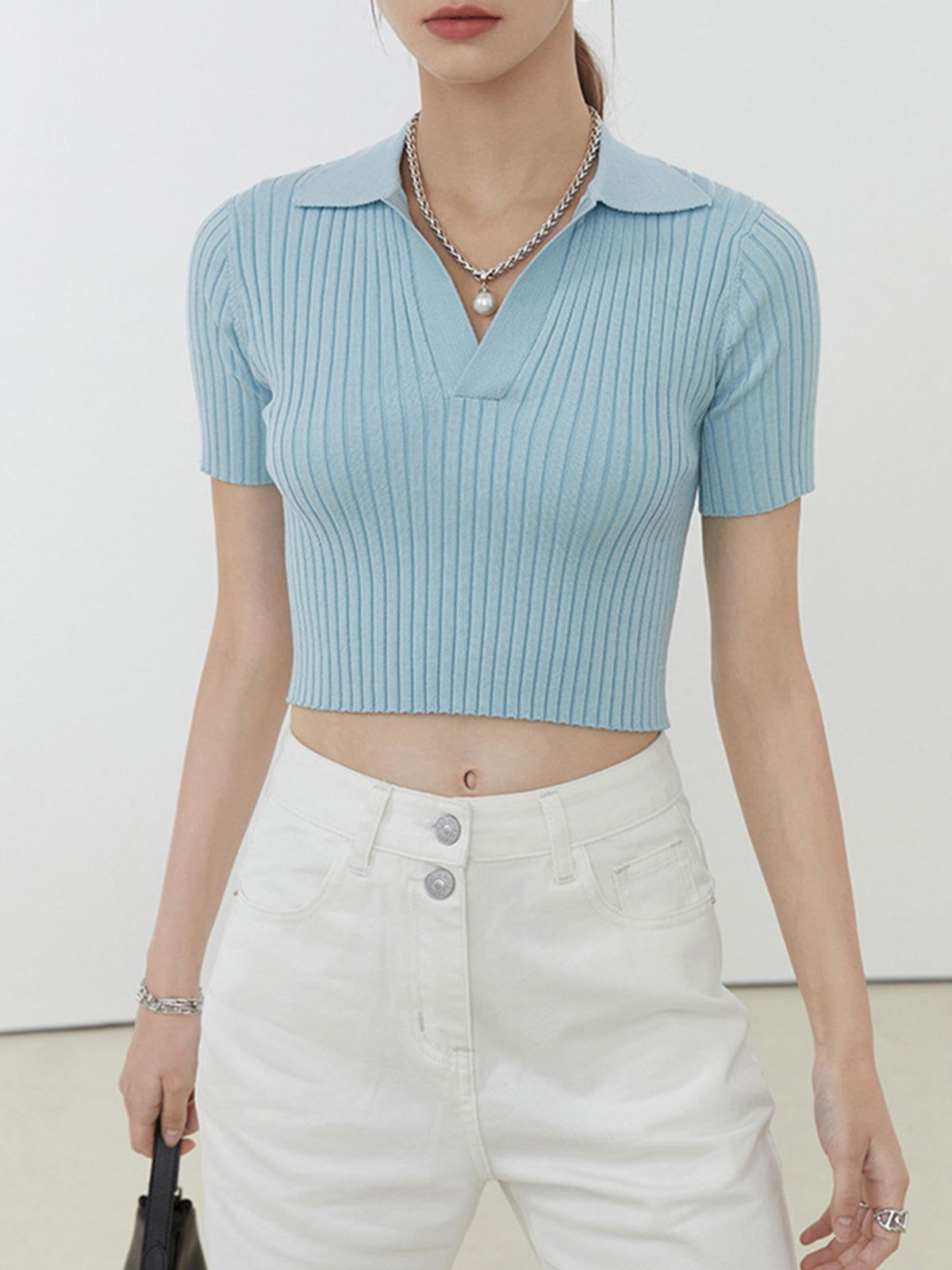 Crop Collared Polo Knit Top sold by COMMENSE product image thumbnail 5