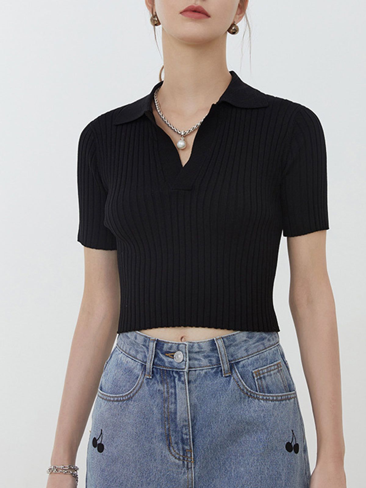 Crop Collared Polo Knit Top sold by COMMENSE product image thumbnail 2