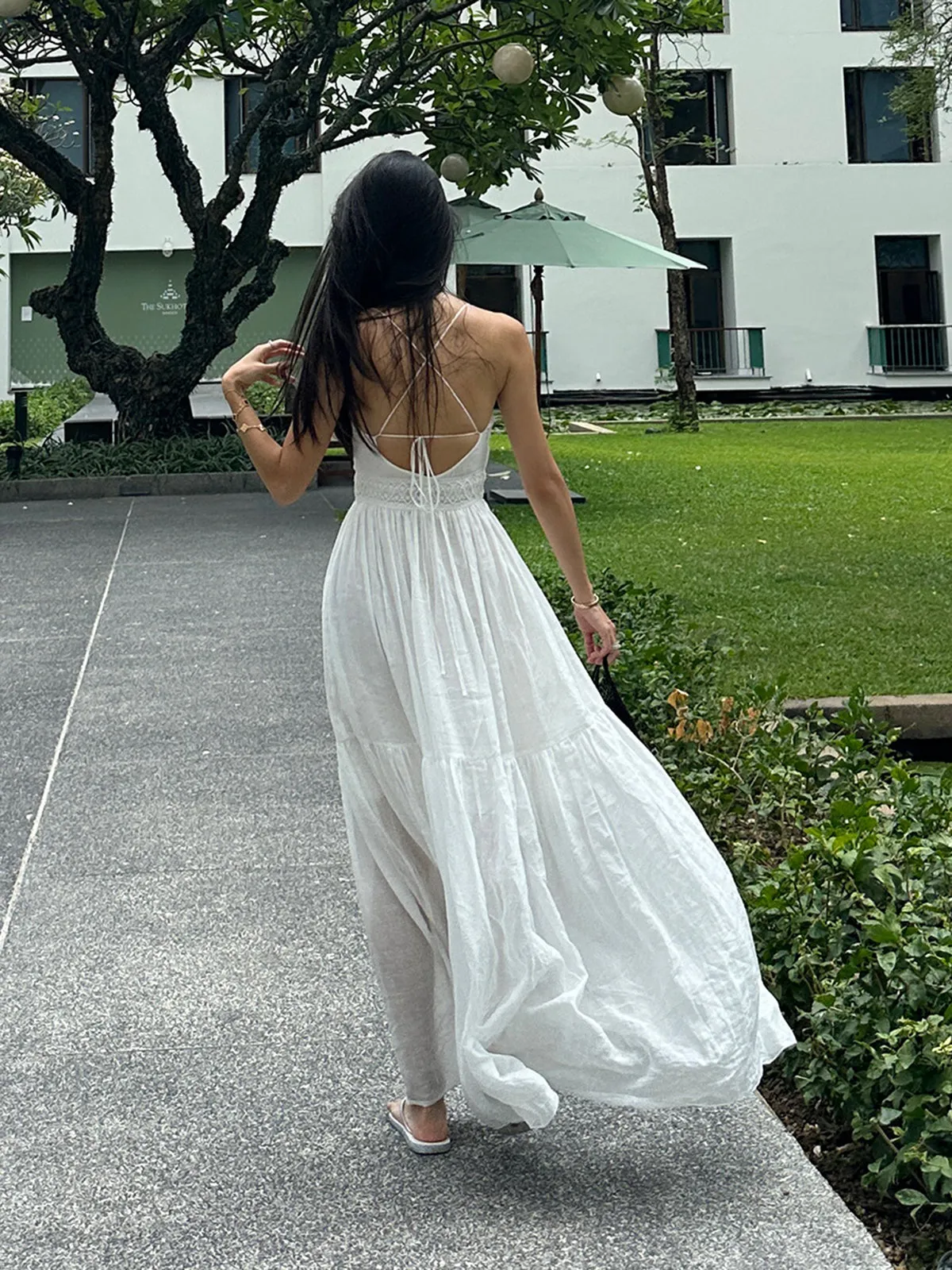 Cotton & Linen Backless Knotted Cami Long Dress sold by COMMENSE product image thumbnail 4