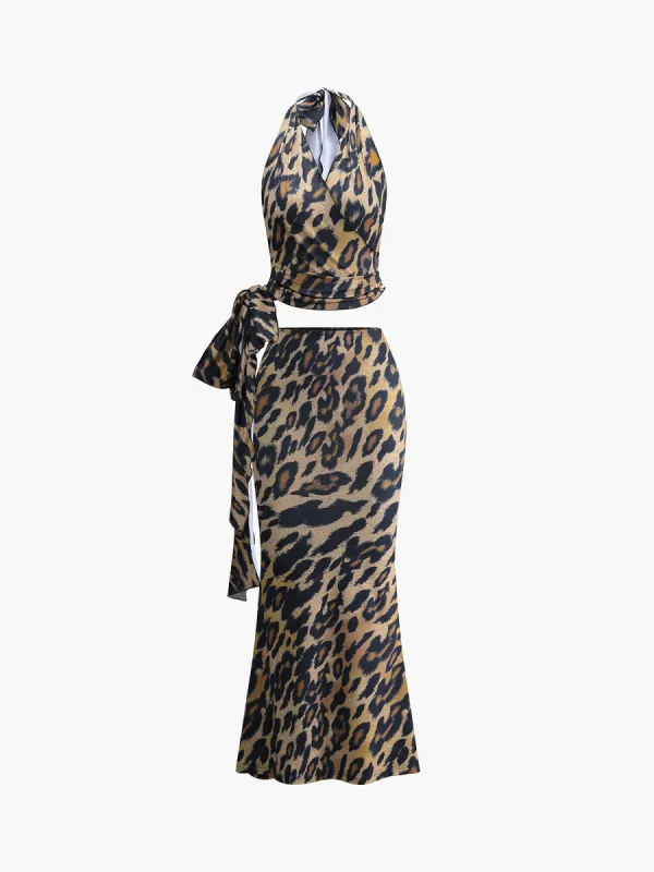 Leopard Print Backless Skirt Set sold by COMMENSE