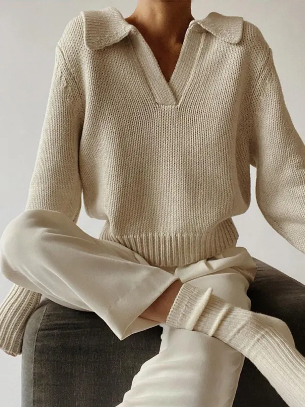 Lapel Ribbed Pullover Sweater sold by COMMENSE