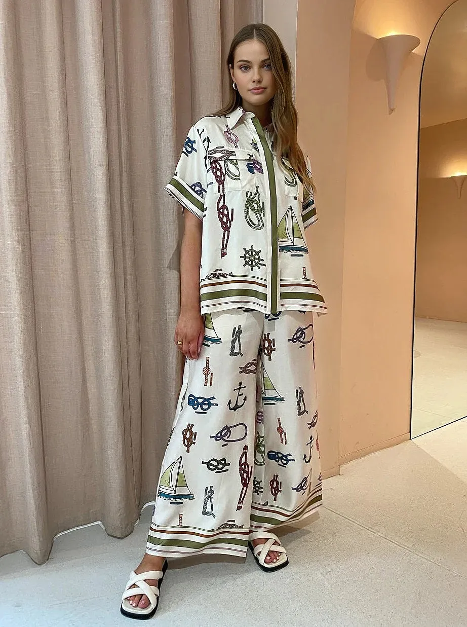 Printed Loose Collared Pants Set sold by COMMENSE