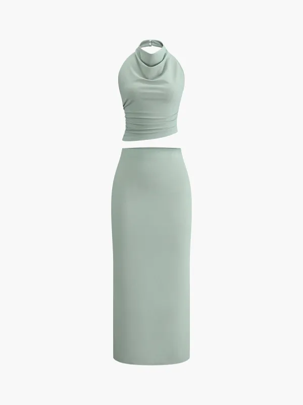 Cowl Neck Halter Backless Skirt Set sold by COMMENSE
