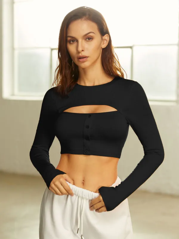Cropped Long Sleeve Ribbed Cutout Top and Shrug sold by COMMENSE
