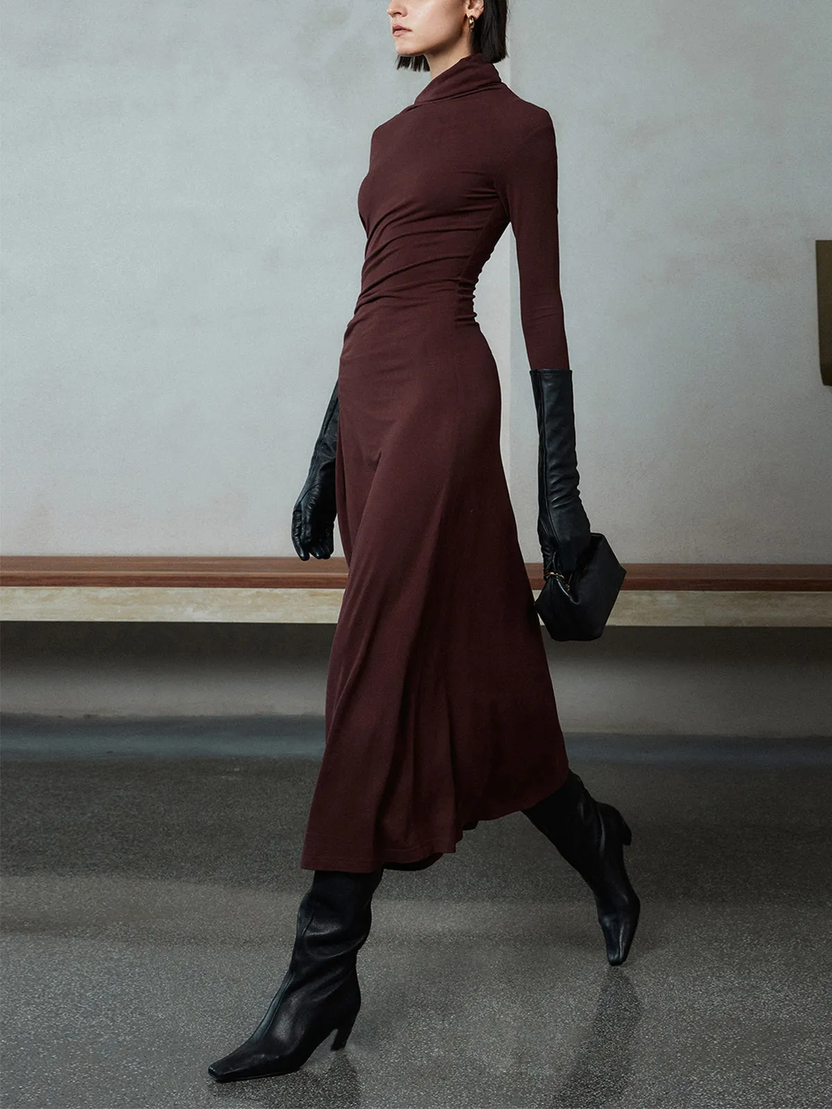 Bodycon Asymmetrical Neck Long Sleeve Ruched Maxi Dress sold by COMMENSE product image thumbnail 2