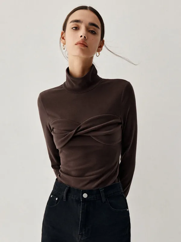 Mock Neck Knotted Tie Back Shirt made by COMMENSE