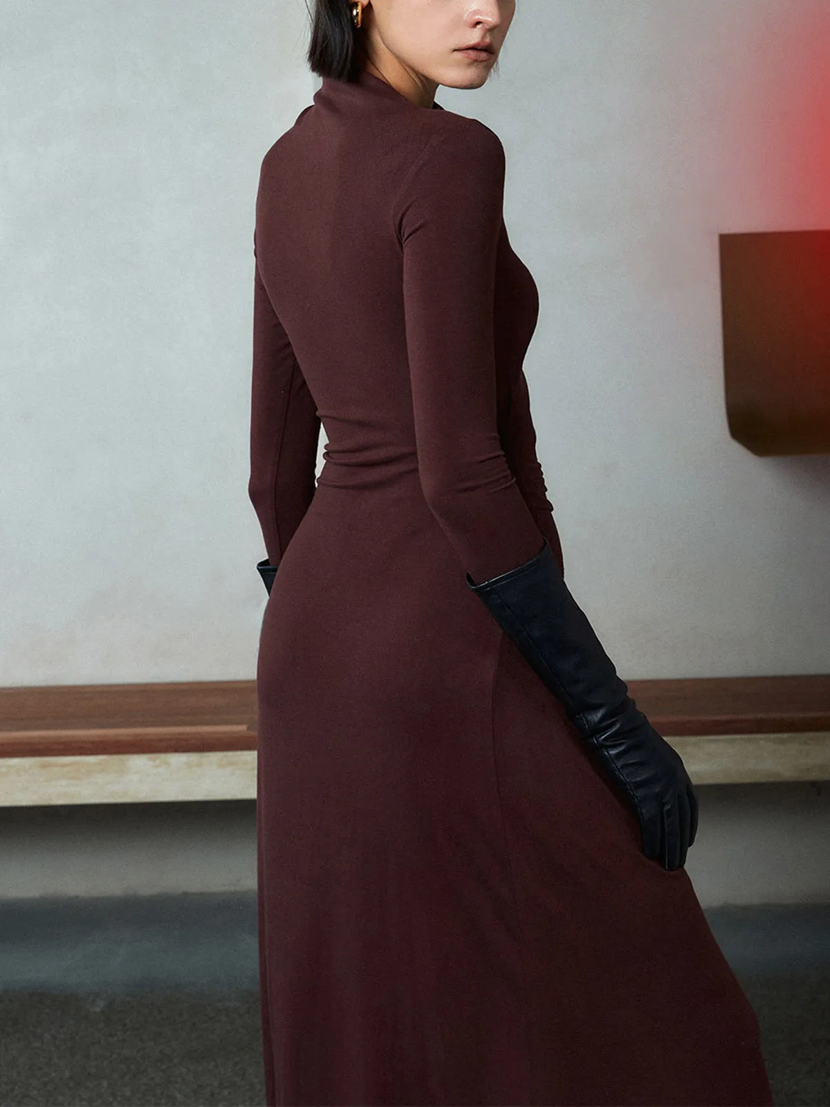 Bodycon Asymmetrical Neck Long Sleeve Ruched Maxi Dress sold by COMMENSE product image thumbnail 3