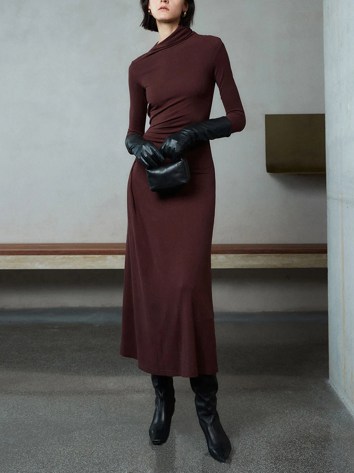 Bodycon Asymmetrical Neck Long Sleeve Ruched Maxi Dress sold by COMMENSE product image thumbnail 4